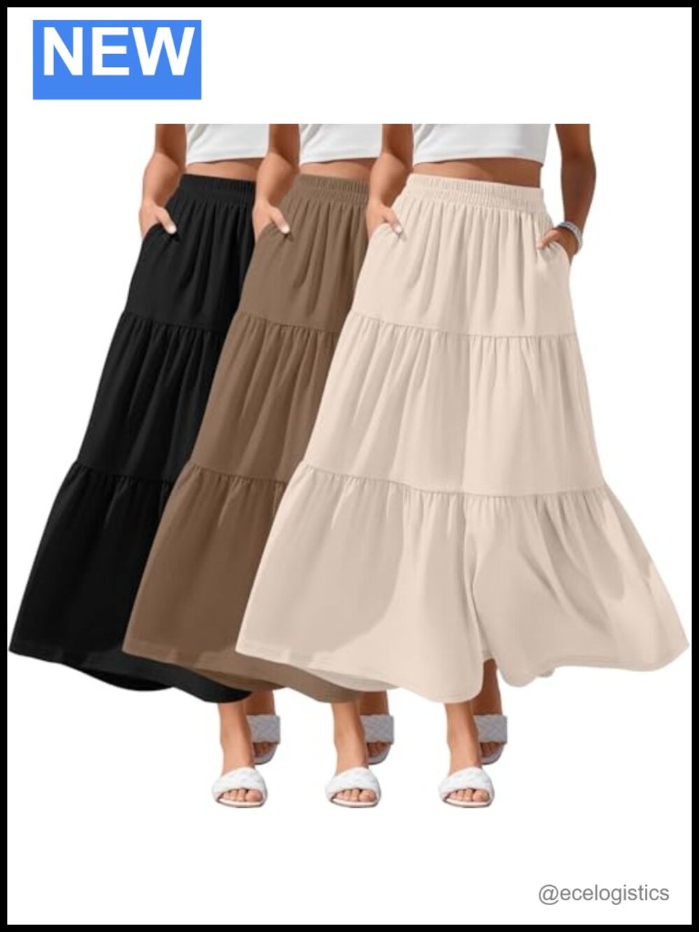 3-Pack Women's Maxi Tiered Skirts Elastic Waist A-Line Loose Fit with Pockets